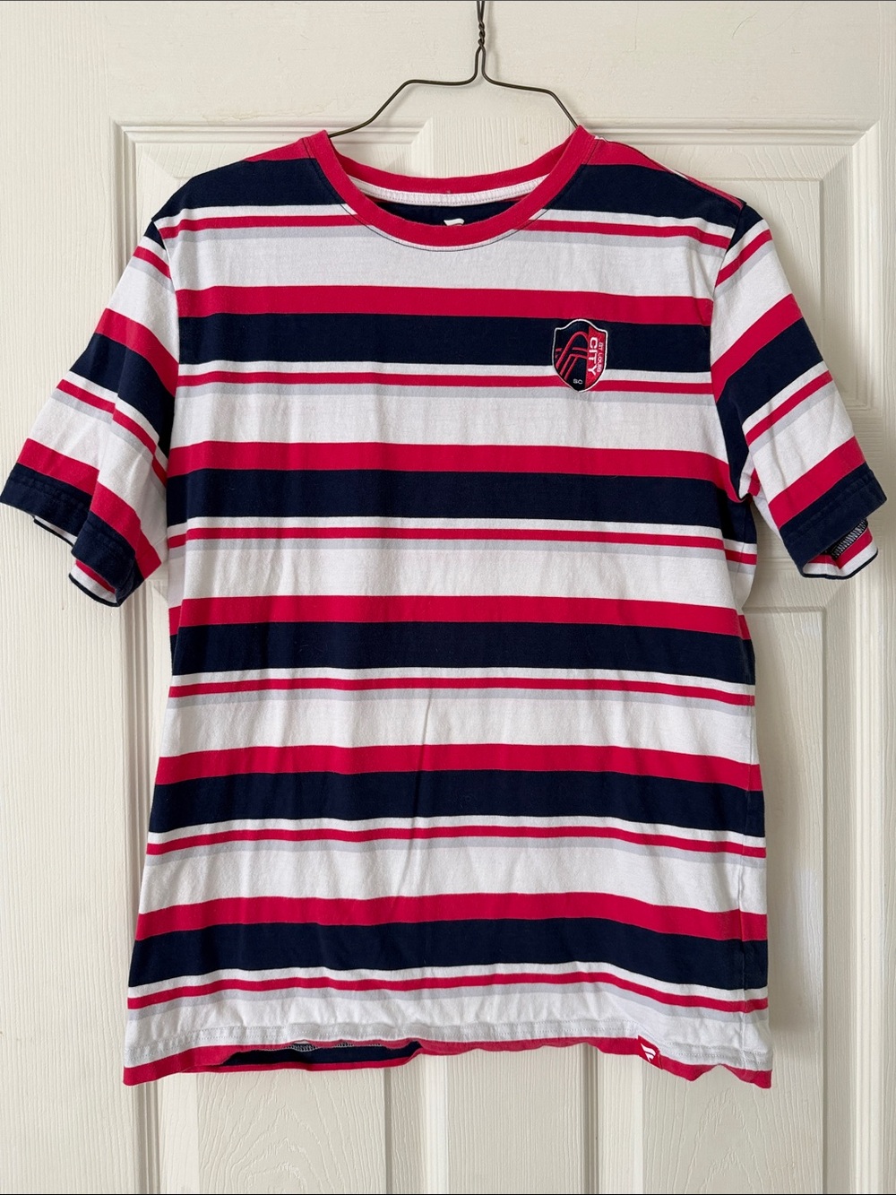 St. Louis City Soccer Club Logo Striped Crewneck Tee in Navy, White & Red